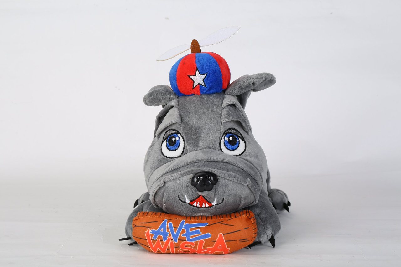 Custom plush bulldog mascot with propeller hat — designed and sampled by Li-Dragon